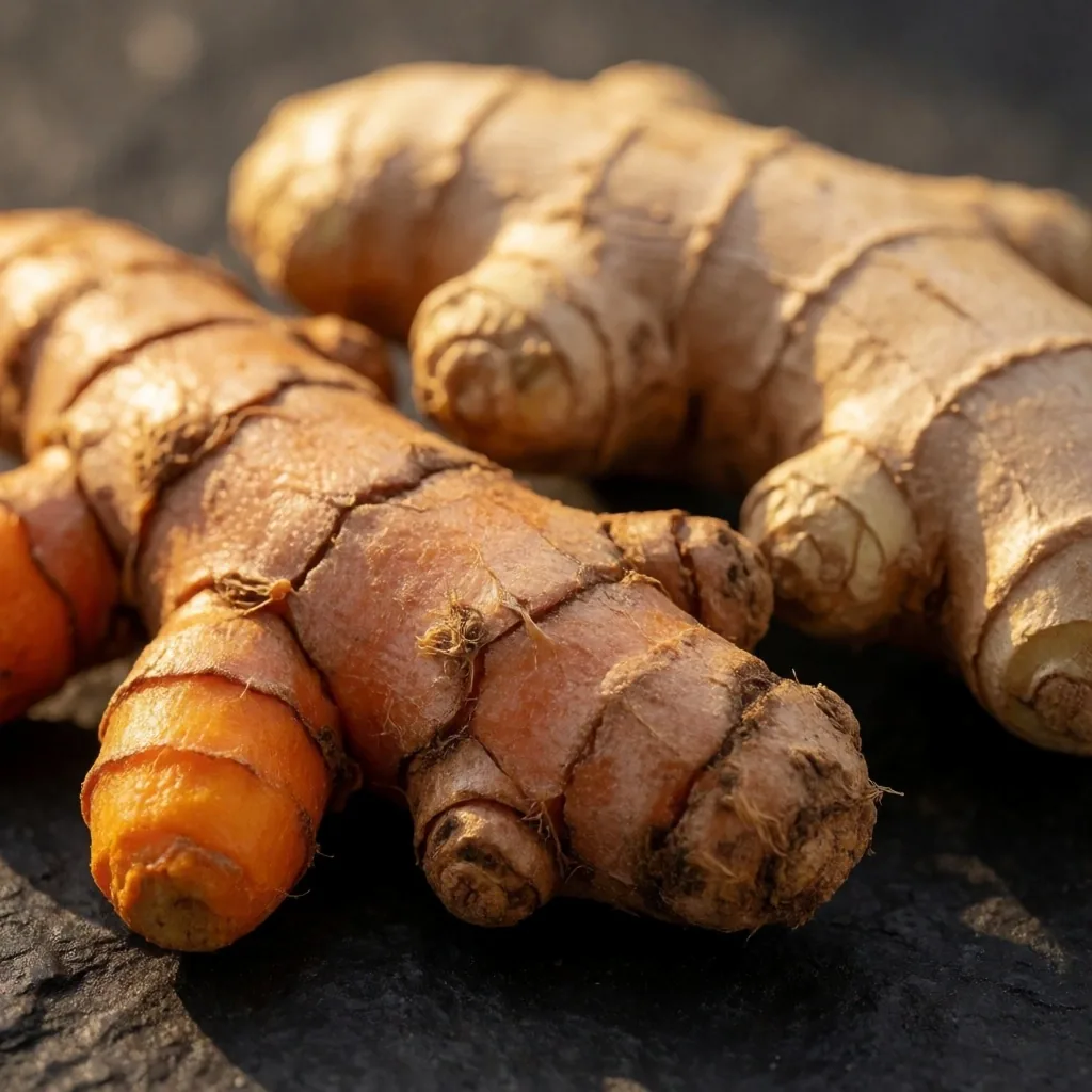 Organic turmeric and ginger root on stone