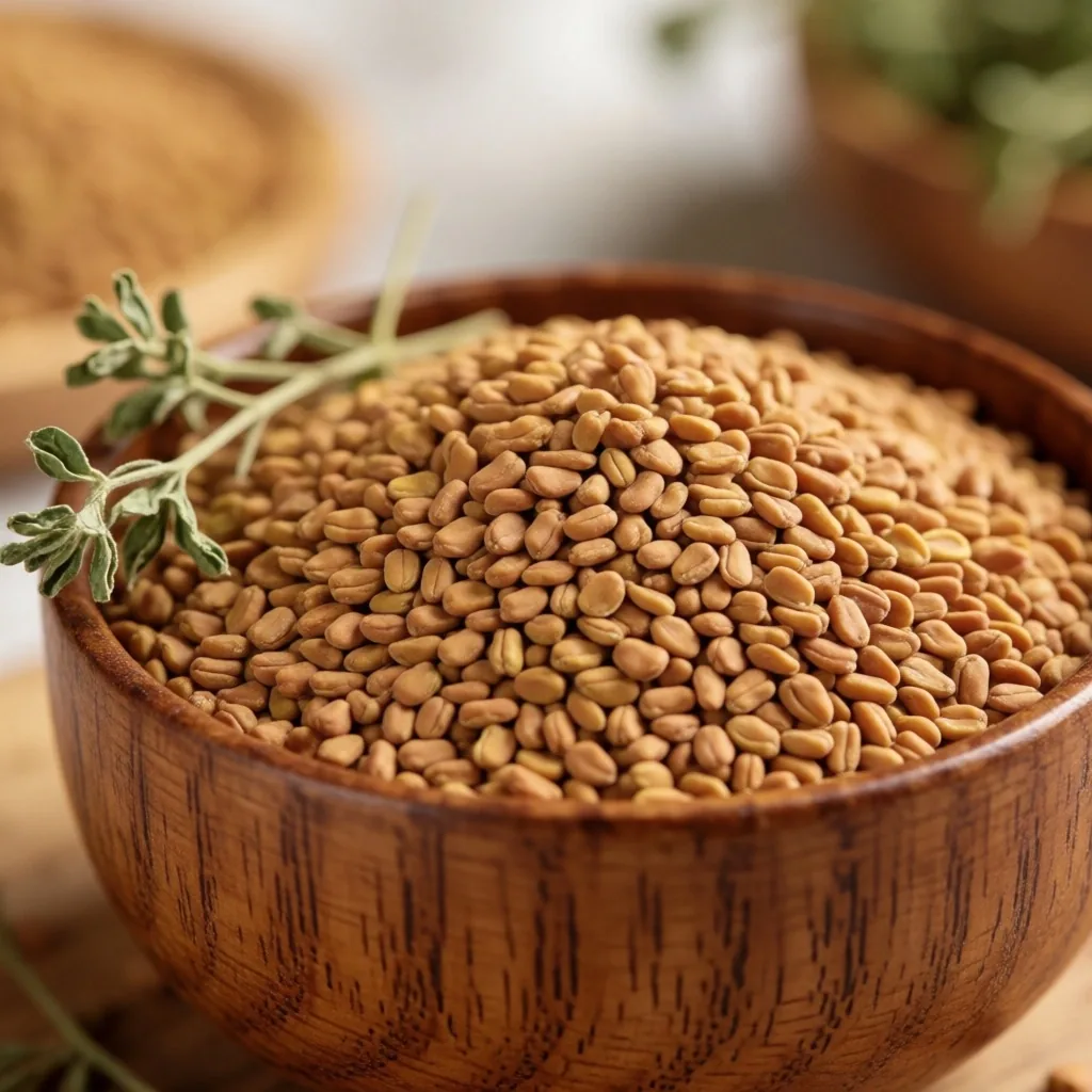 Dried fenugreek seeds and leaves on paper