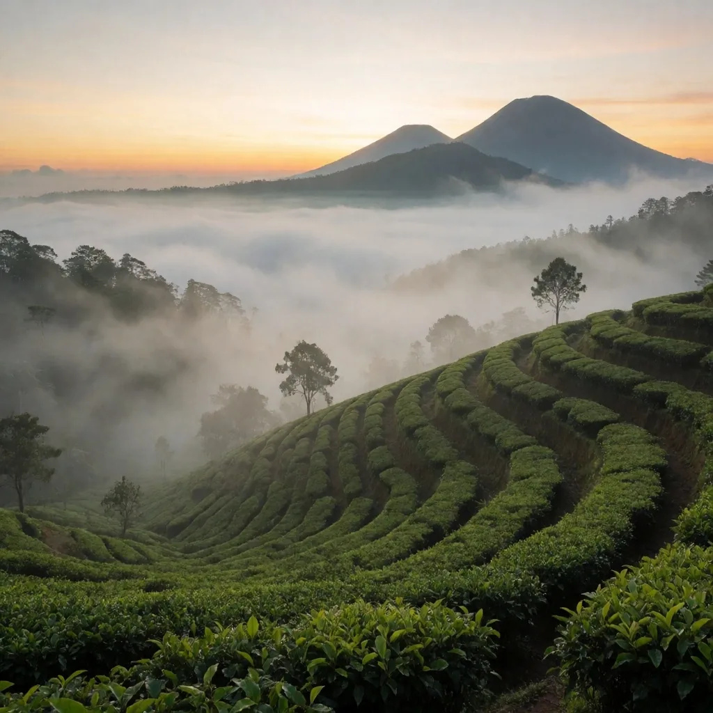 Highland botanical plantation at dawn with morning mist