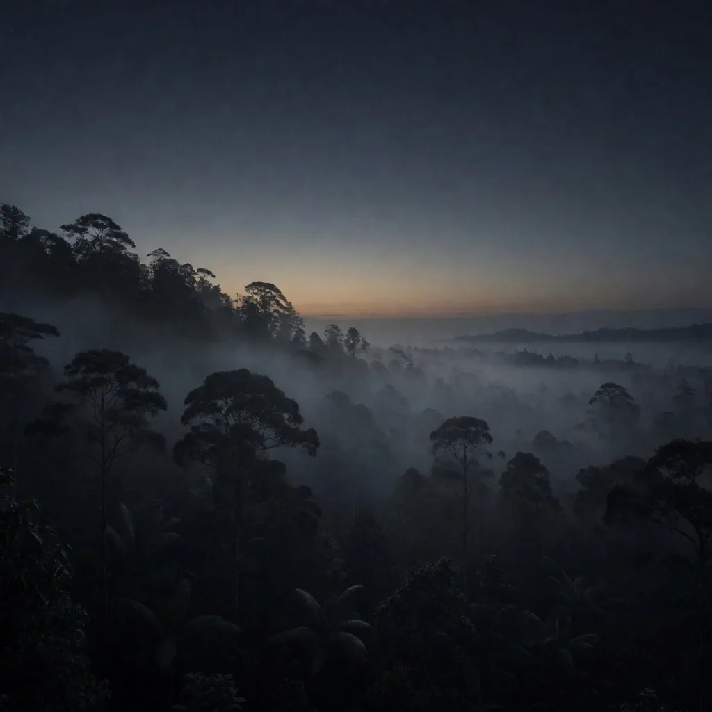 Misty pre-dawn highland forest
